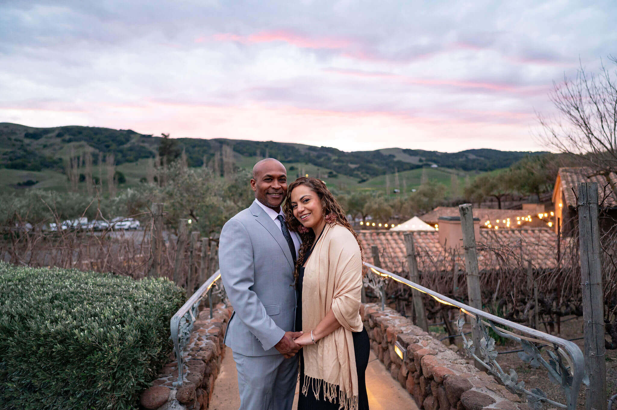 Samar Hattar & Courtney Hazelwood will marry at Viansa Winery. They stand on the grounds of Viansa Winery. Photo by Russ Levi Photography.